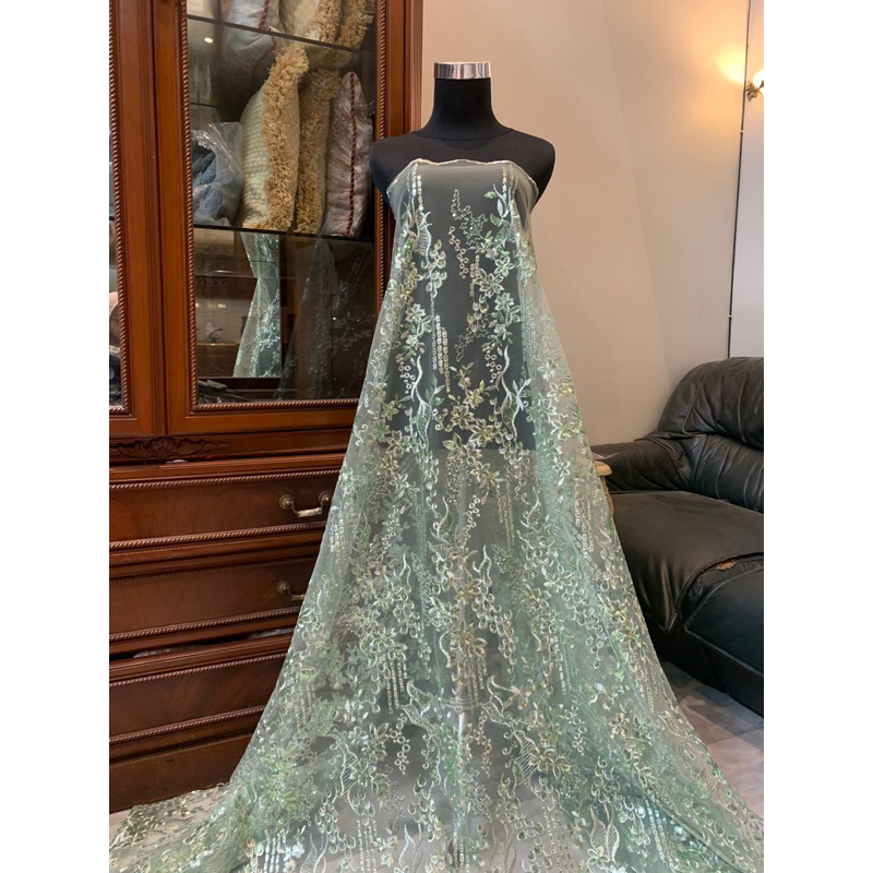 Kain Bahan Kebaya Brukat Tile Tulle Bordir Gracia Mewah Warna Sage Green Hijau