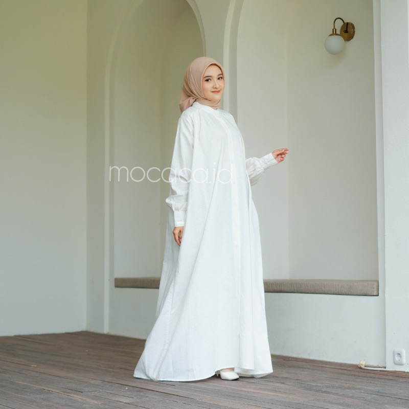 Dress Putih Tulang Broken White Elegan Ootd Hijabers bahan katun linen rami lengan kancing casual klasik dovey