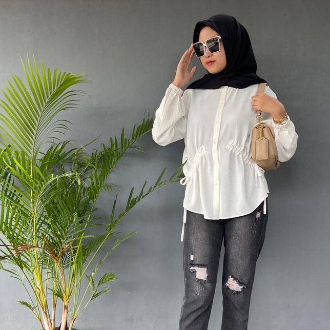 Meira Blouse Serut Crinkle Wanita - Blouse Tali Serut - Kemeja Serut Crinkle Airflow - Atasan Wanita - Blouse Cantik Wanita- Kemeja Basic Oversized