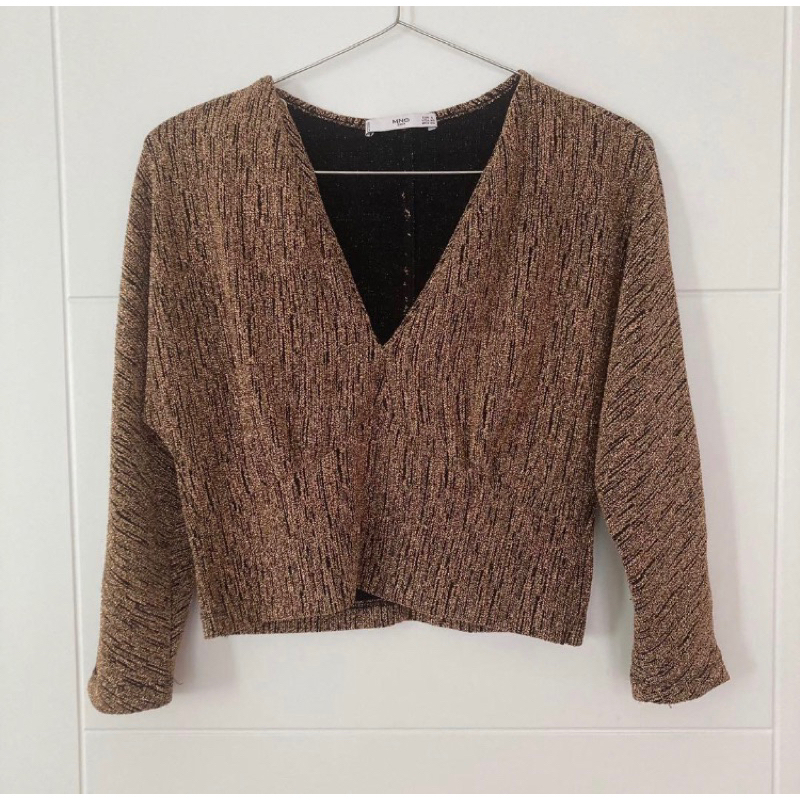 Preloved Mango Blouse Top Blink Glitter Gold Party V Neck