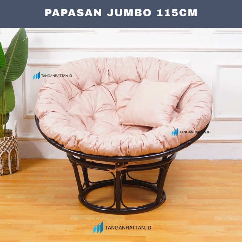 KURSI SANTAI PAPASAN ROTAN HITAM SOLID DENGAN KASUR DAN BANTAL / KURSI MINIMALIS PARABOLA BULAT FINISHING SOLID