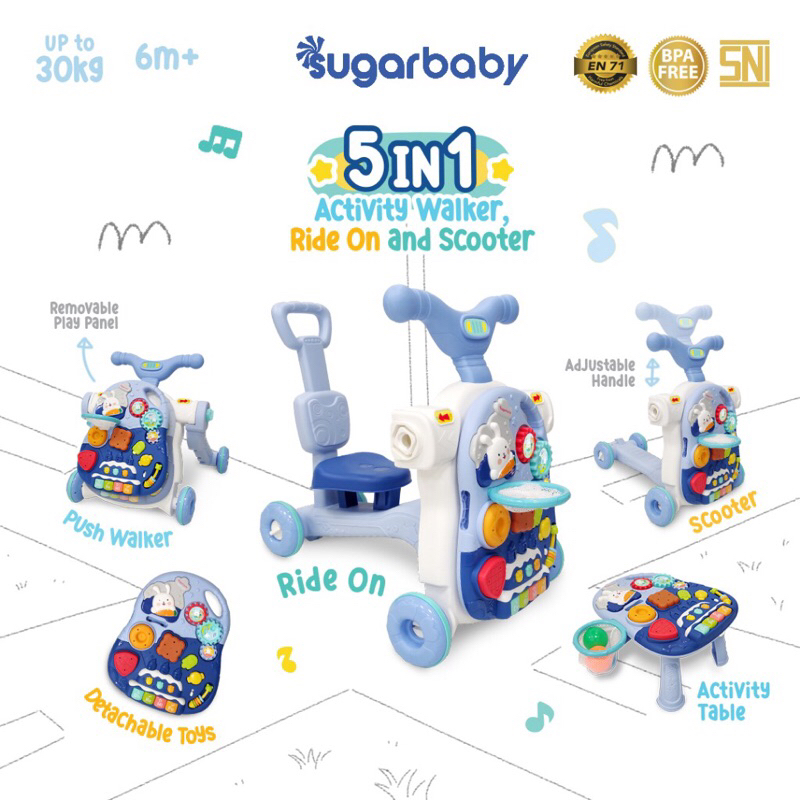 Sugarbaby 5in1 Activity Walker, Ride-On and Scooter/Push walker/Activity walker/Baby walker  Baby Walker 5 in 1 Push Walker Alat Belajar Jalan Bayi Sugar Baby Walker &amp; Table Push Walker Baby Walker Mini Car scooter - Walker 5in1 - Walker Variasi Baru 5in1