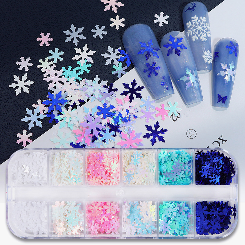 12 Grid Nail Art Kepingan salju DIY Glitter Flakes Manicure Decor Untuk Dekorasi Nail Art