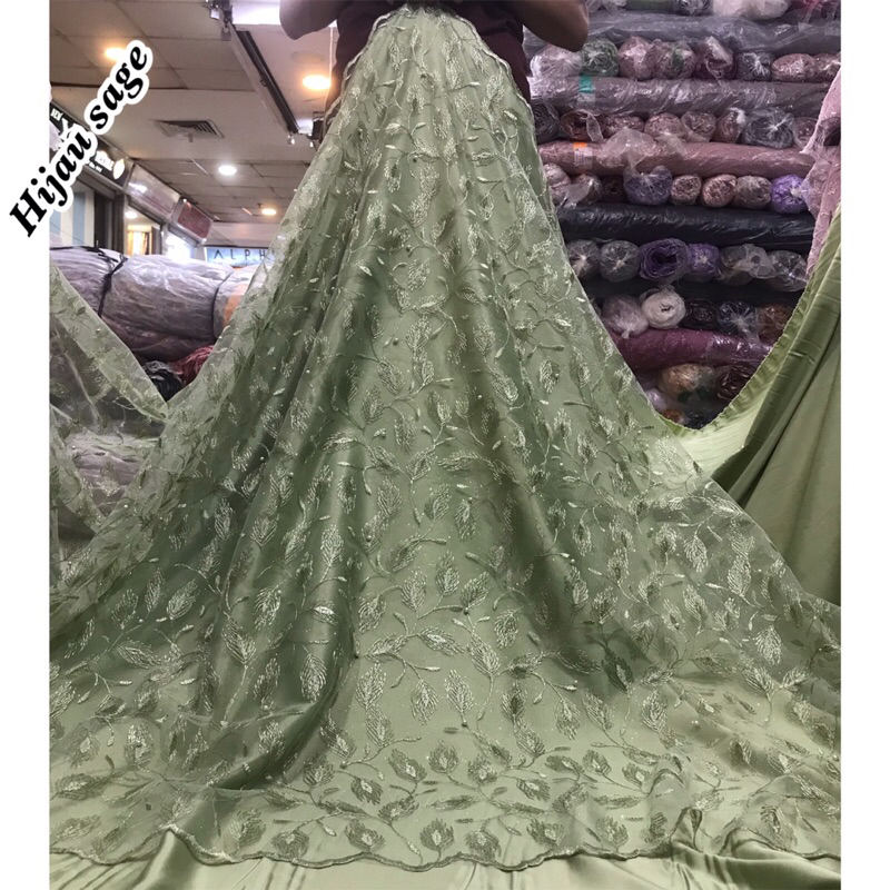 CANTIK MURAH!! Kain bahan tile akar bordir (KHUSUS HIJAU SAGE) / bahan kebaya brokat Tulle.