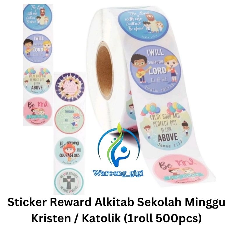 (1Roll 500pcs) Sticker Stiker Reward Anak Tema Alkitab Untuk Sekolah Kristen / Minggu