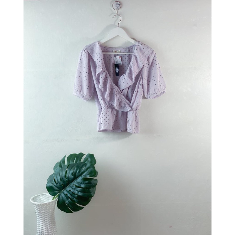 blouse atau outer polka import lilac rampel