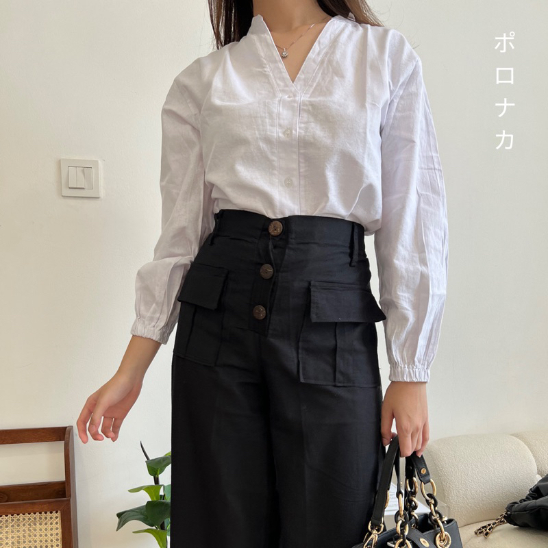 PORONAKA - MEI Linen Basic Button Top Atasan Lengan Panjang Kantor