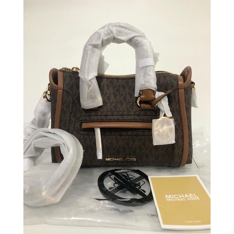 MK Carine XS Top Zip Satchel Crossbody Bag Leather Sign Brown