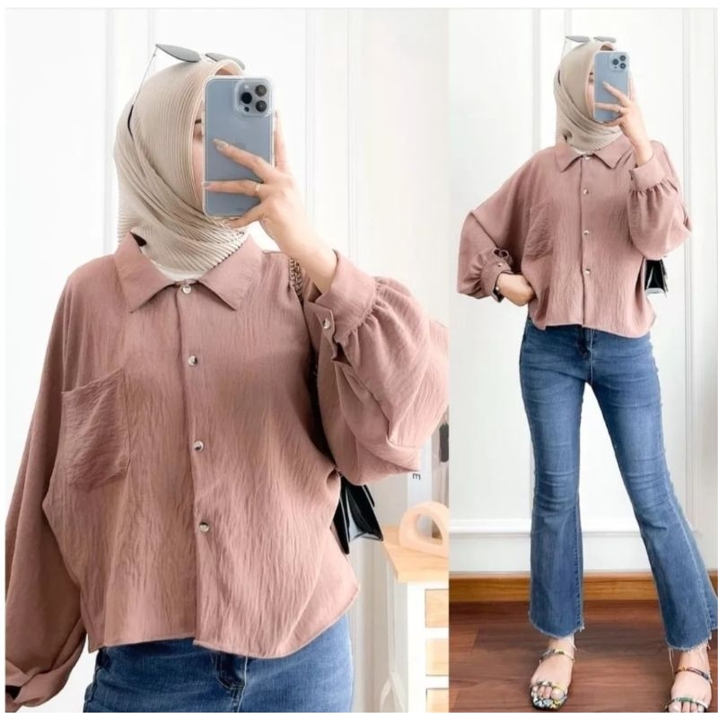 HANIN CROP ATASAN KEMEJA WANITA | KEMEJA CRINKLE AIRFLOW | BLOUSE OOTD REMAJA