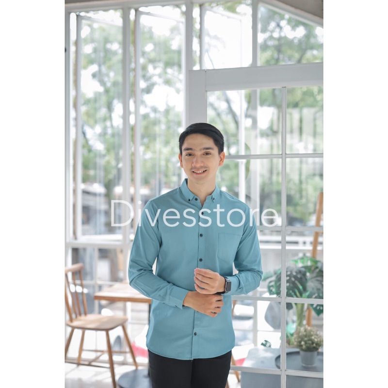 Kemeja pria cowok polos slimfit kasual basic HeM lengan panjang biru mint