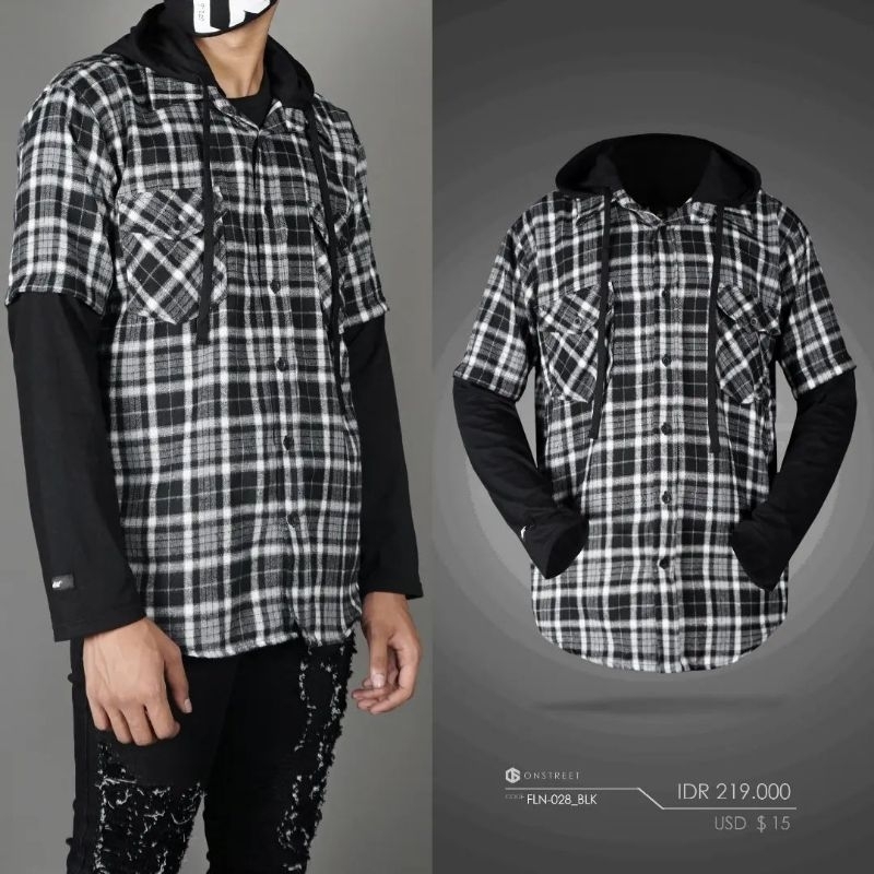 FLANNEL HOODIE DOUBLE LAYER ONSTREET 028 (BLACK X WHITE)