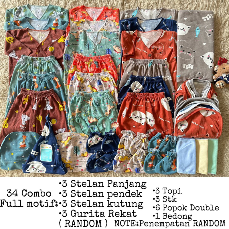 34pcs Paket perlengkapan Baju bayi Celana bedong popok romper sarung tangan topi gurita Mix Full motif baru lahir, 3-6 dan 6-12 bulan SNI Promo 8.8