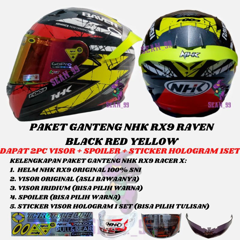 HELM NHK RX9 RAVEN BLACK RED YELLOW FLAT VISOR DOUBLE VISOR FULL FACE ORIGINAL SNI ( PAKET GANTENG N