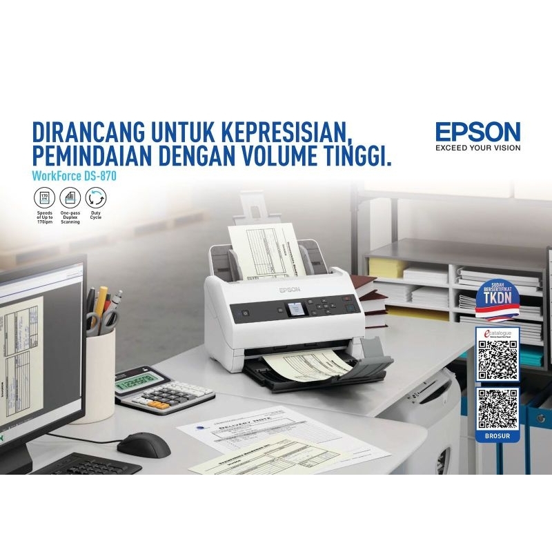 TKDN Epson WorkForce DS-870 A4 Duplex Sheet-fed Document Scanner / A4 Duplex Sheet Fed Colour Scanner DS870