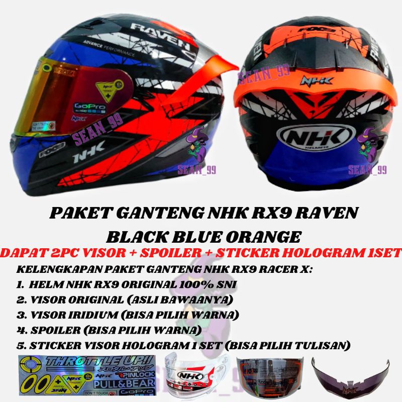HELM NHK RX9 RAVEN BLACK BLUE ORANGE DOUBLE VISOR FULL FACE ORIGINAL SNI ( PAKET GANTENG NHK RX9 RAV