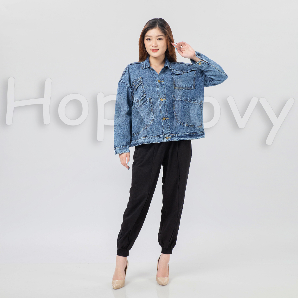 Jaket Jeans Wanita Kekinian 4 Kantong Depan Oversize Jaket Jeans Barsha HOPYLOVY