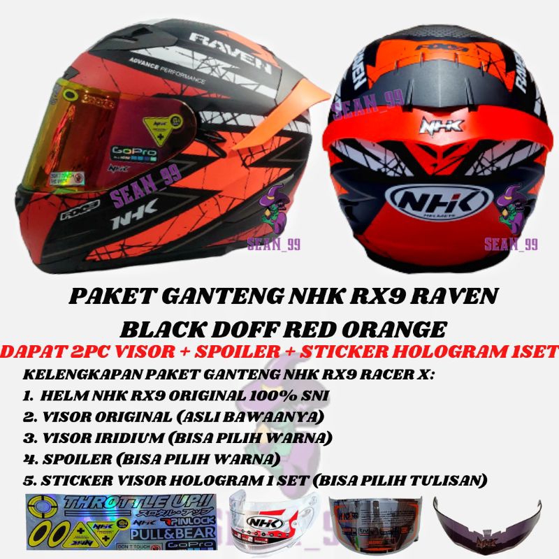 HELM NHK RX9 RAVEN BLACK RED ORANGE DOFF DOUBLE VISOR FULL FACE ORIGINAL SNI ( PAKET GANTENG NHK RX9