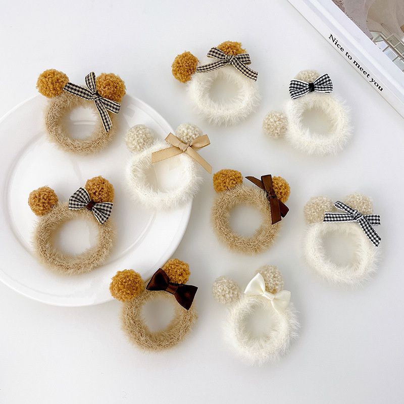 Ikat Rambut Anak Korea Model Pompom Bulu Lembut Aksen Pita / Kuncir Rambut Ponytail Anak Korean Faux Fur Hair Ties