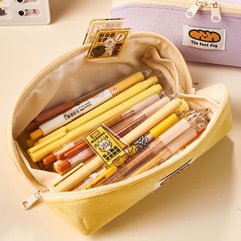 KENSHO Kotak Pensil Sleting Roti Lucu Bahan Corduroy Ada Handle Motif Polos Plaid Warna Pastel / Pencil Case / Zipper