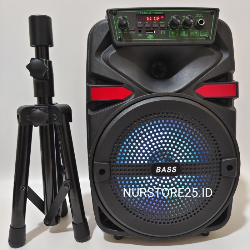 Speaker Bluetooth Karaoke FLECO X-BASS 5000 Watt F-8805LED/F-8807LED 8,5 INCH Gratis Tripod Hitam Da