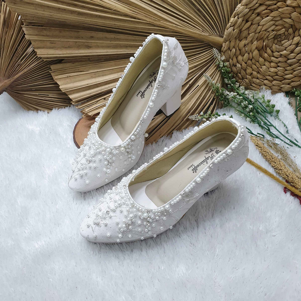 sepatu wedding pesta cantik Andini putih lapis bahan cantik hak 9cm