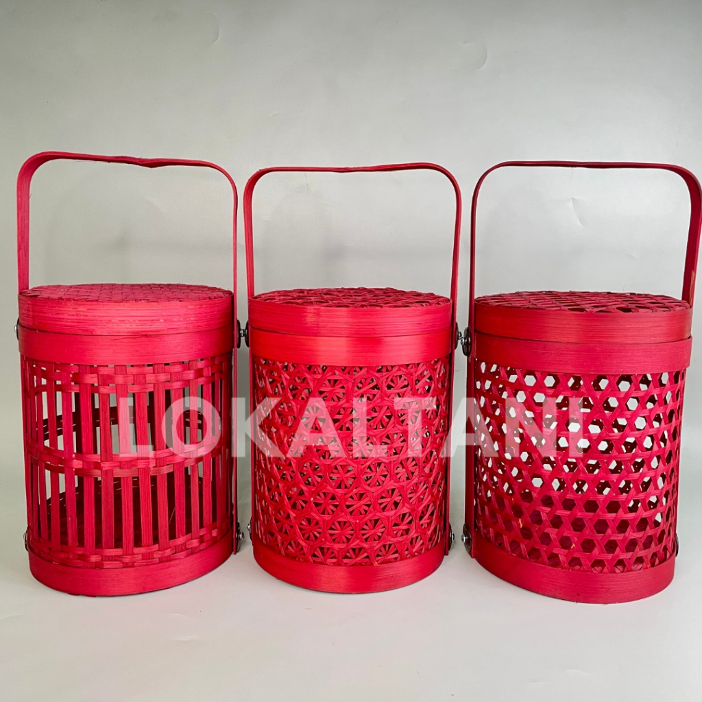 Tempat Kue Kering Sincia CNY Hampers Bambu Imlek / Keranjang Anyaman Imlek / Segienam merah