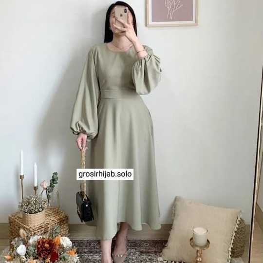 Rebeka Midi Dress Crinkle Airflow Lengan Balon Atasan Wanita Korean Style