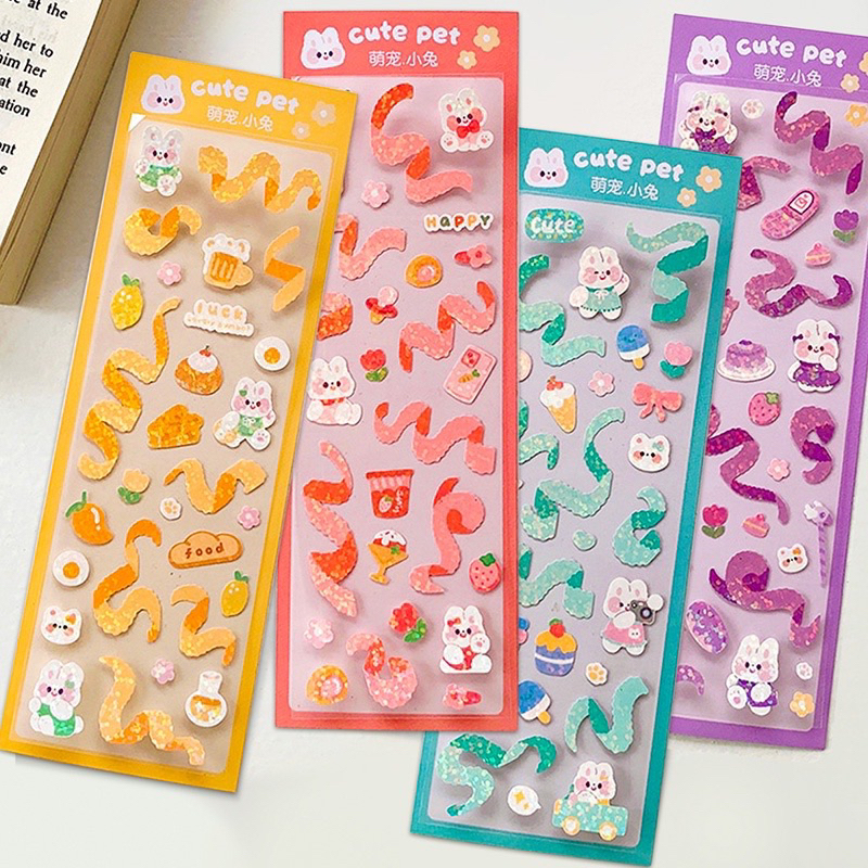 

1 lembar stiker motif hewan dengan pita ribbon animal cute yellow blue green pink purple kelinci bunny rabbit bear beruang murah lucu imut cute kawaii stiker jurnal scrapbook diy