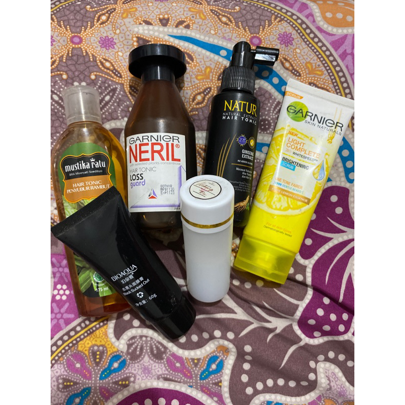 *PRELOVED* garnier lemon face scrub , neril hair tonic loss guard, mustika ratu hair tonic penyubur 