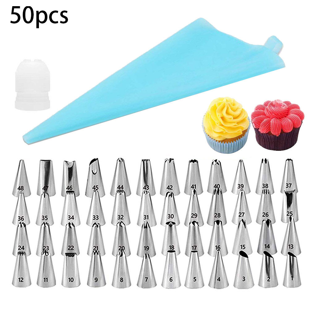 Piping Bag Silikon Set 50 In 1 Pink/Blue Cake Piping Bag Decorating Cookie/Alat Penghias Cake Dekorasi Kue Cake Decoration