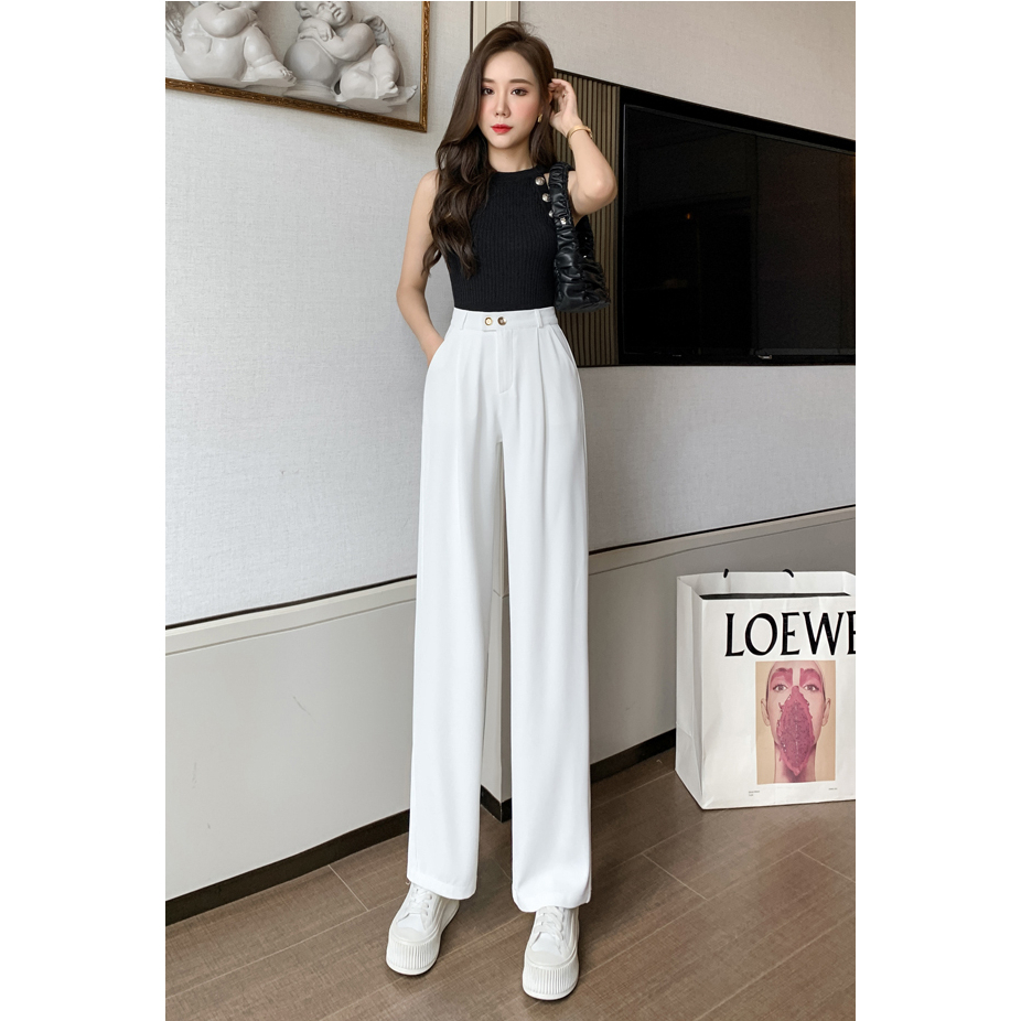 Korean Putih Highwaist Loose Celana Setelan Wanita