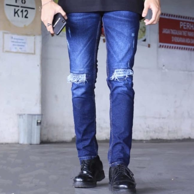 Celana jeans sobek lutut pria ripped jeans soft jeans pensil skinny Stretch melar