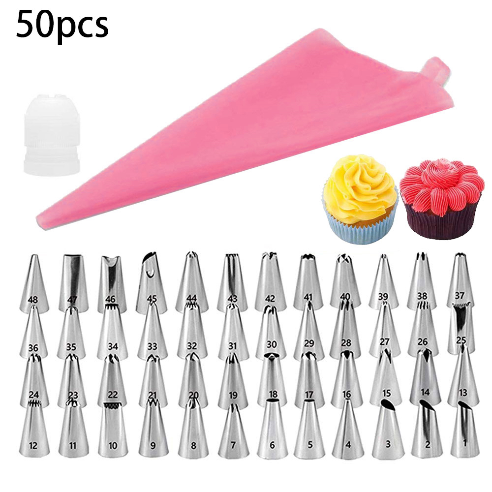 Piping Bag Silikon Set 50 In 1 Pink/Blue Cake Piping Bag Decorating Cookie/Alat Penghias Cake Dekorasi Kue Cake Decoration