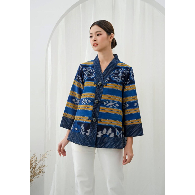 Blouse tenun wanita motif berbunga bunga Blouse kantoran ethnik baju tenun jepara Blouse wanita jumb