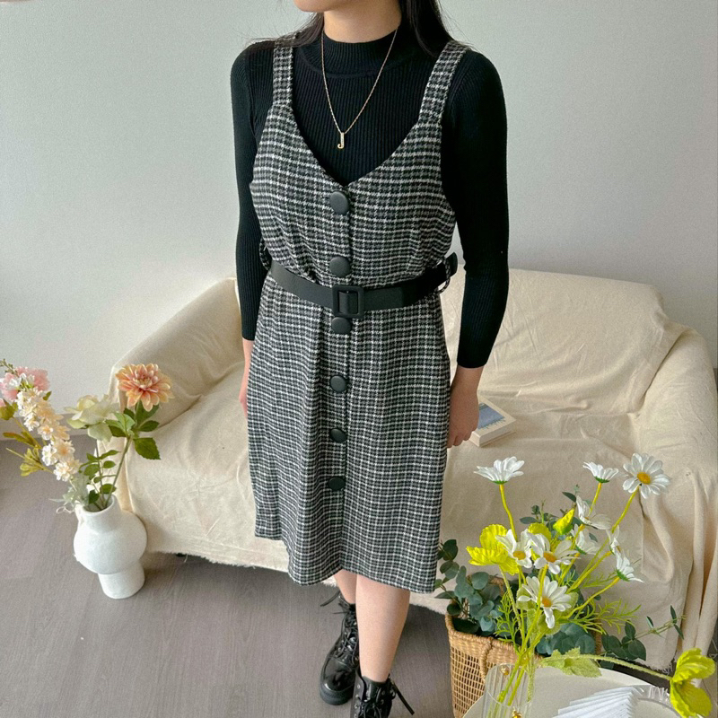 KANON - Riona Knit Set - Set dress inner sweater rajut outer dress flannel dengan belt musim dingin