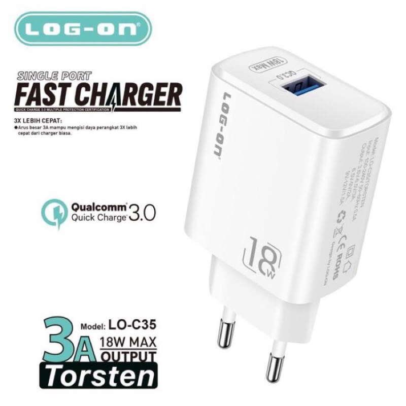 BATOK CHARGER LOG ON TORSTEN 18W 3A LO-C35 1USB FAST CHARGING