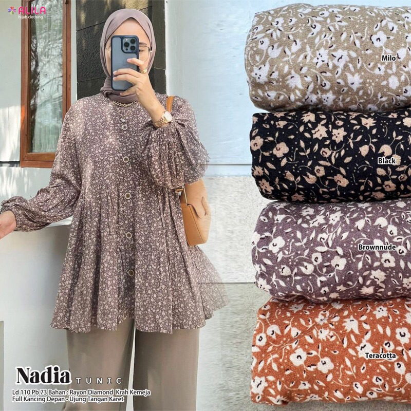 Nadia Tunic Original Alila Hijab - Blouse Kemeja Wanita Motif Bunga LD 110 Simple Elegan