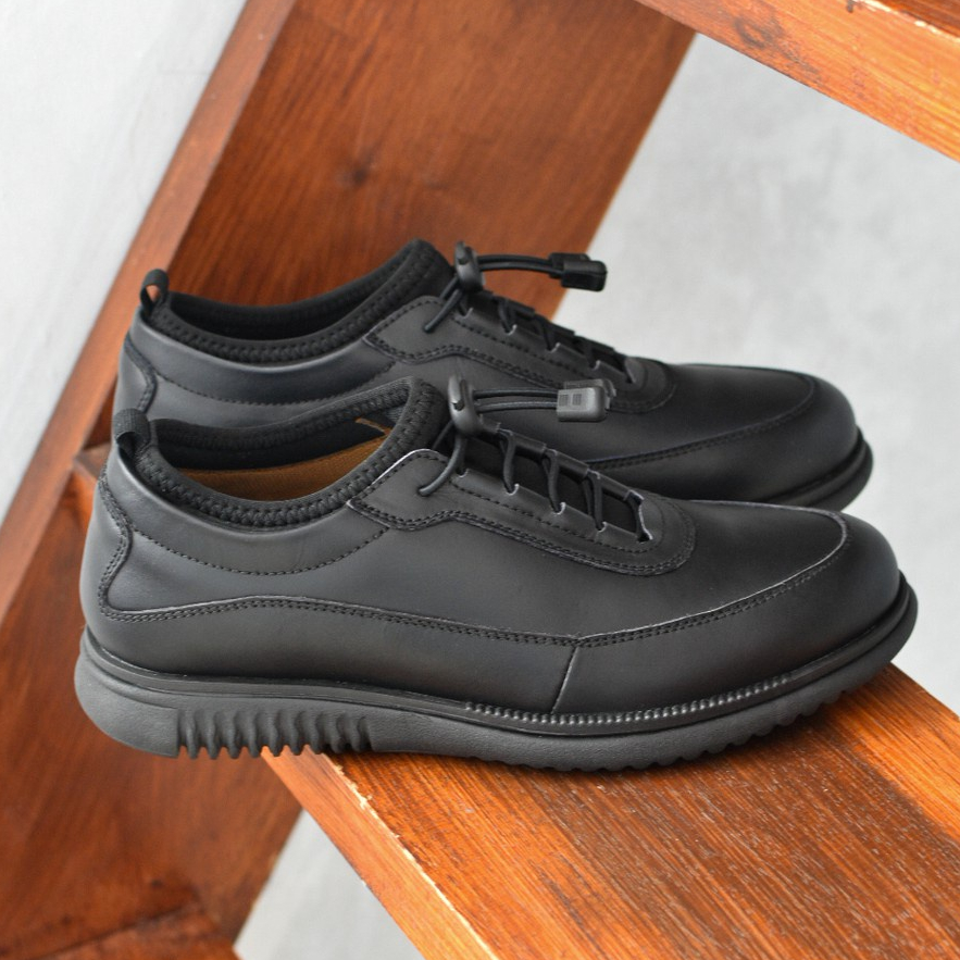 Wave Leather (Kulit Asli) - Sepatu Pantofel Formal Casual Oxford Pria Kerja Kuliah Kantor Santai Hitam Bertali Pantopel Original