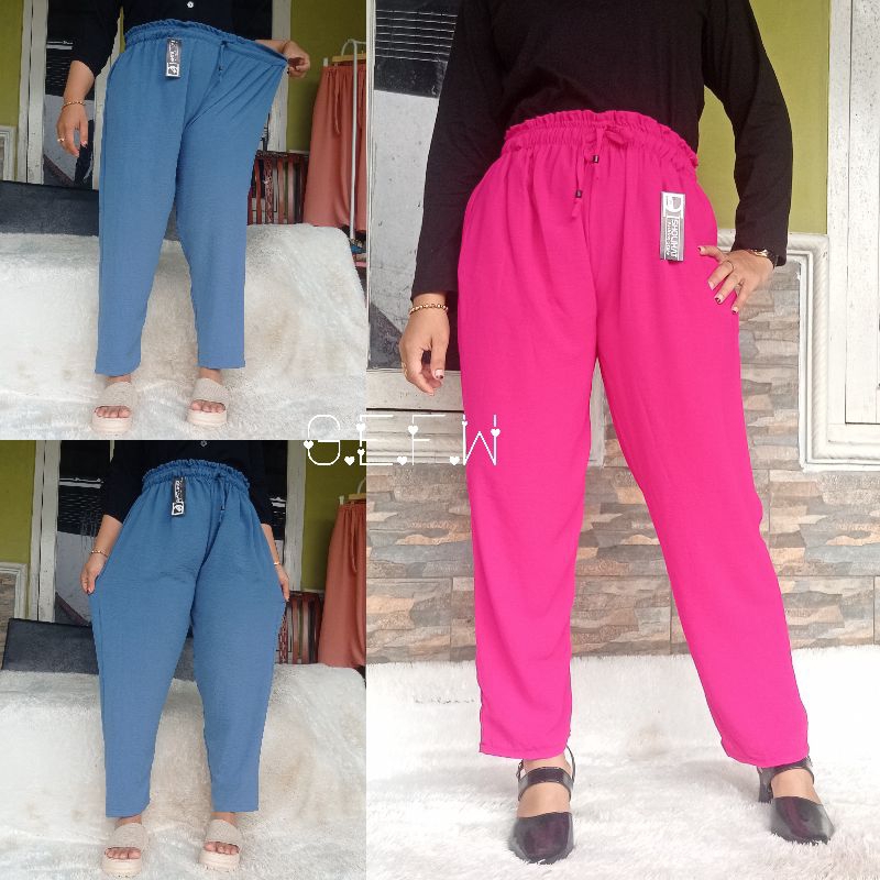 Baggy Pants Wanita Crinkle Airflow Premium Import Ukuran Jumbo Dari Bb 50kg Sampai bb 80kg / Celana Panjang Wanita HW Tali Serut Bahan Kringkel Airflow / Luna Pants Crincle High Waist / Baggy Crinkle Terbaru Size Xxl Xxxl / Digrup / Grefata