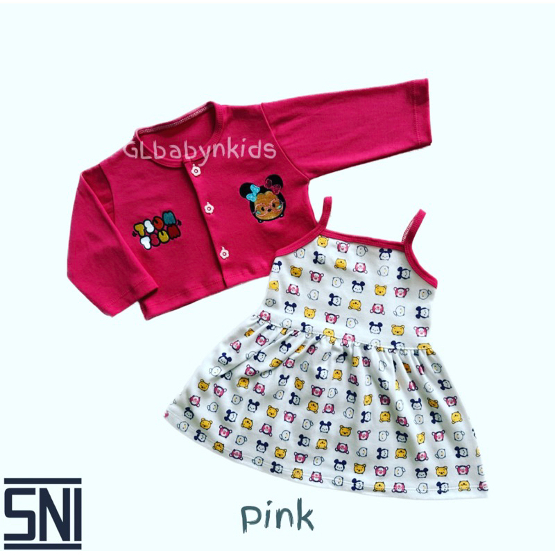 Dress 2in1: Dress Tanktop Bayi &amp; Cardigan Bordir Flamingo All Size 6-12 Bulan Katun SNI