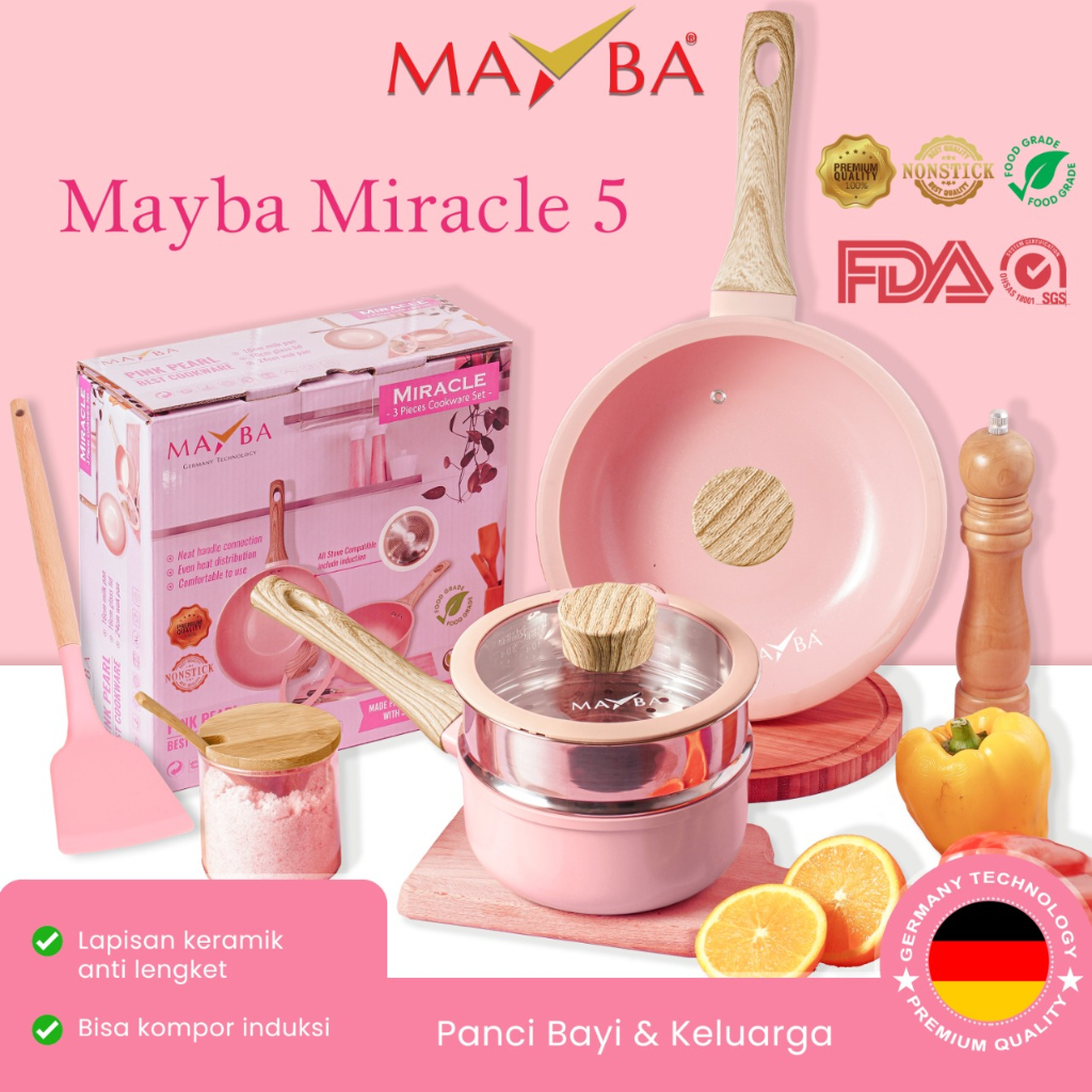 PREORDER&quot; PANCI SET ARTIS Mayba Miracle 5 pc FREE STEAMER PANCI BAYI isi spatula silicon Penggorengan wok sauce pan anti lengket W/LID