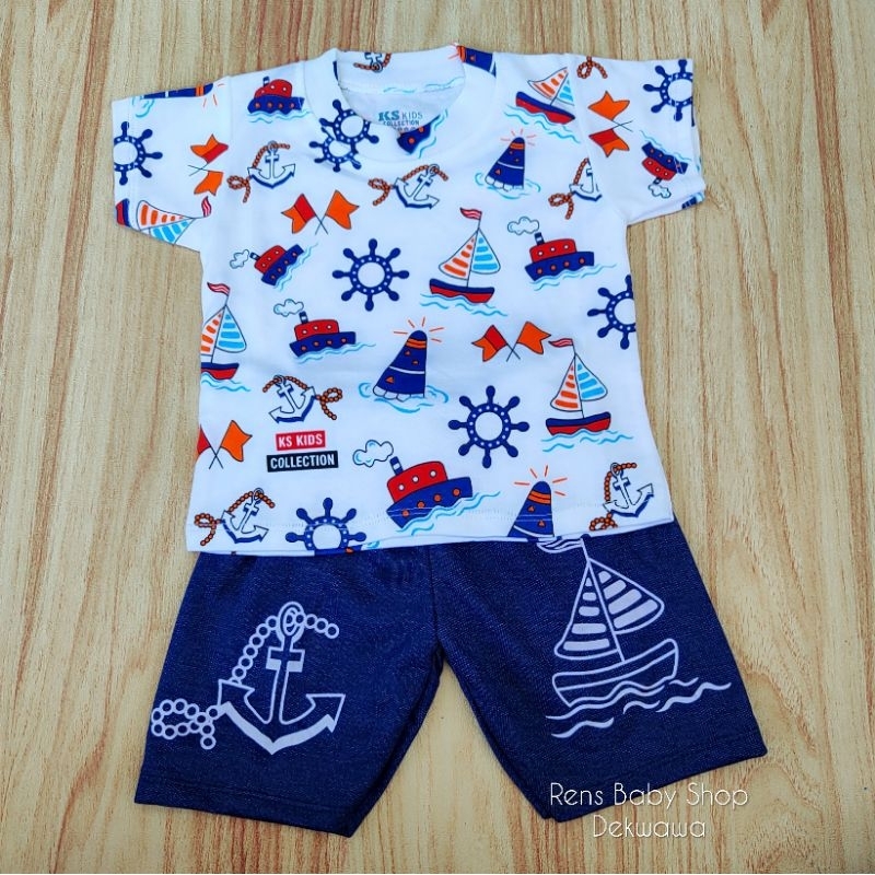 BANYAK MOTIF - SNI halus KS Setelan baju katun celana jeans anak bayi laki-laki cowok dinosaurus kapal helikopter mobil