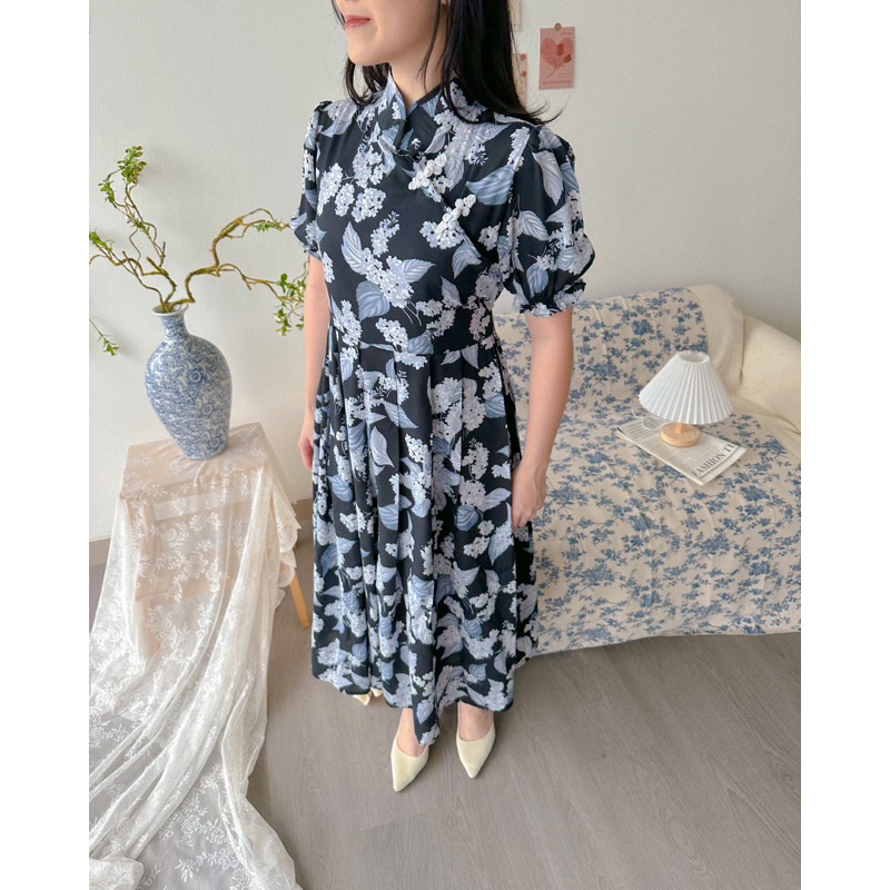 KANON - Hua Qipao Dress - Dress imlek rayon qipao modern midi motif bunga