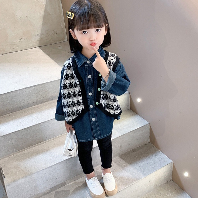 (LOLI-JKT) AT-08 ATASAN 2in1 ANAK DENIM CARDIGAN RAJUT SIZE 100-140 BAHAN BAGUSS