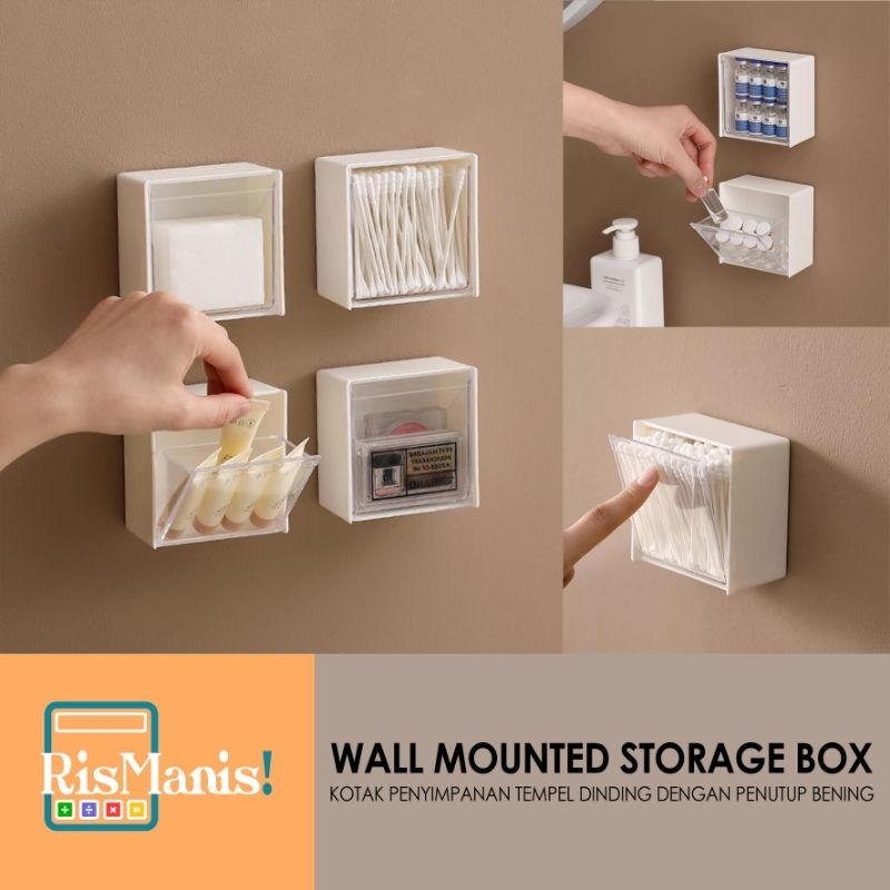 WALL MOUNTED STORAGE BOX - Kotak Penyimpanan Penutup Akrilik Bening Tempat Cotton Buds Tempel Dinding Organizer Tembok Wadah Perhiasan Obat Aksesoris Ikat Rambut Perekat Kuat