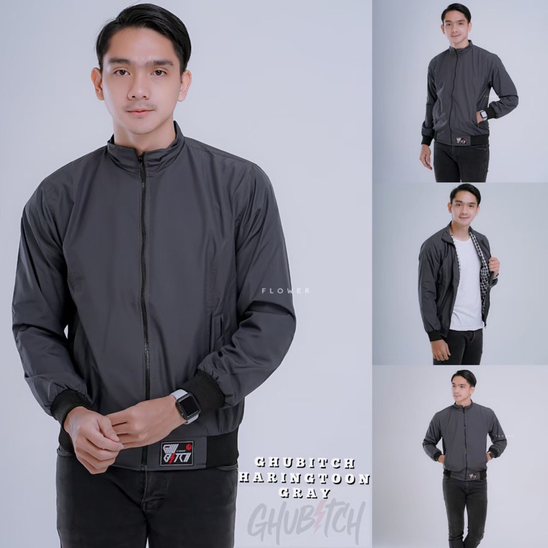 Jaket parasut pria Harrington polos taslan waterproof