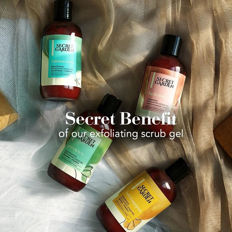 Secret Garden Exfoliating Scrub Gel 250ML Frangipani Oryza Rose Greentea / Perawatan Tubuh Melembabkan Mencerahkan Menghidrasi Natural Nourishing Brigtening Whitening Anti Aging