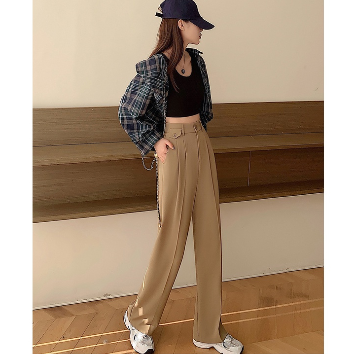 Khaki/Hitam Highwaist Loose Kerja Celana Setelan Wanita Korean