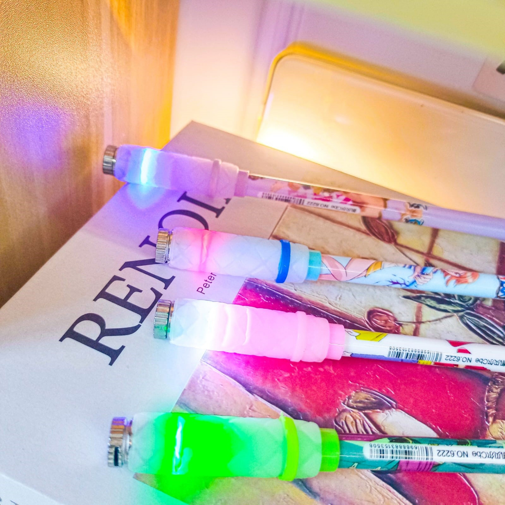 PULPEN PUTAR MAGNET LED LAMPU MOTIF ONE PIECE BOLPEN KARAKTER ANIME UNIIK PENA MURAH ALAT TULIS KANTOR