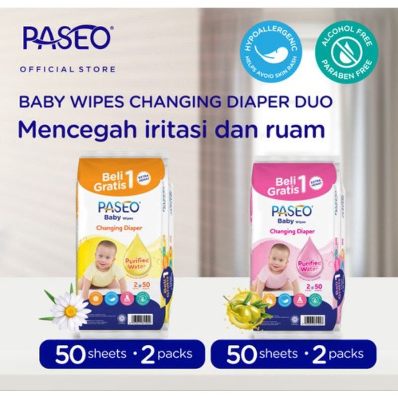Paseo Baby Wipes 50s Buy 1 get 1 Jojoba &amp; Chamomile Tisu Basah Bayi Ganti Popok